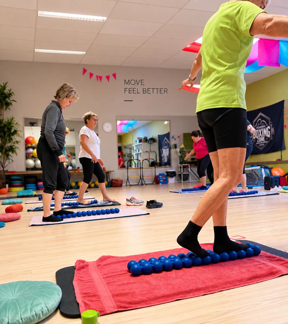 Balansoefening op de bal tijdens een groepsles